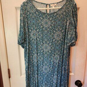 terra & sky women's plus blue pattern dress size 1x maxi with short sleeve